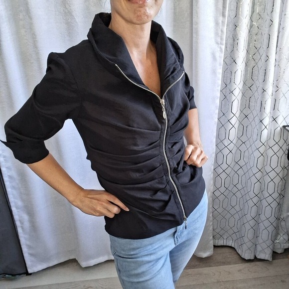 1. Joseph Ribkoff Fitted Shiny Black Zip-Up Top With Ruffles & Silver Hardware - Picture 6 of 9
